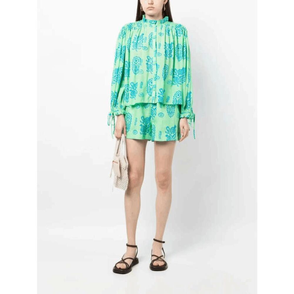 Rhode Clover Block Green Blue Louisa Long Sleeve Blouse Top Women's Size XS